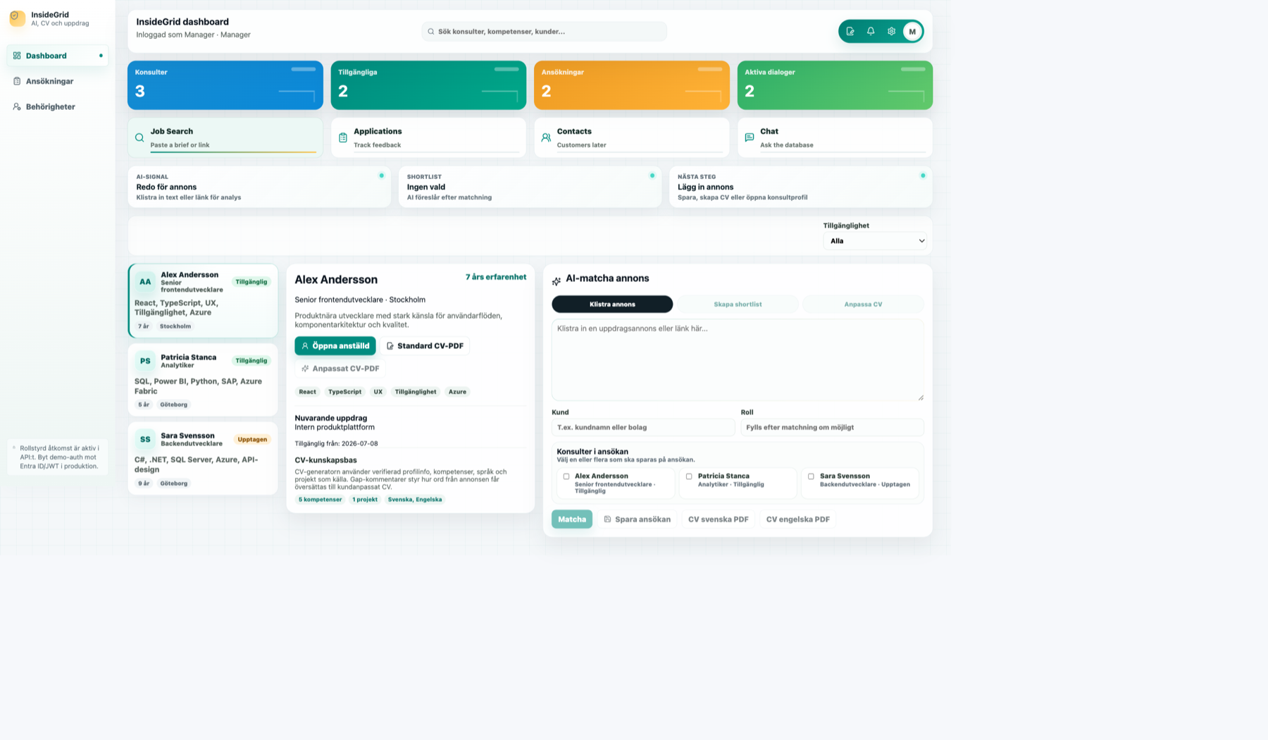 InsideGrid dashboard with consultant profiles, availability, applications and competence matching